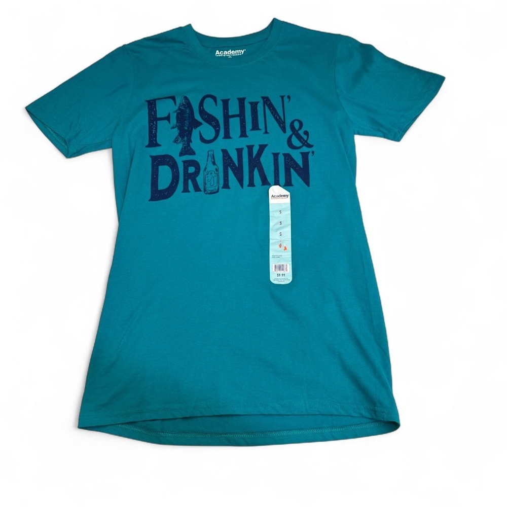 NWT Academy Fishing Shirt S Mens Aqua Tee Fishin’ & Drinkin Fish Outdoors